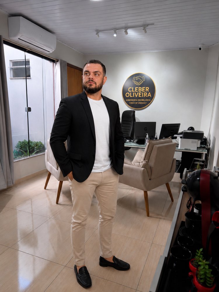 Cleber Oliveira em seu escritório de assessoria imobiliária em Birigui